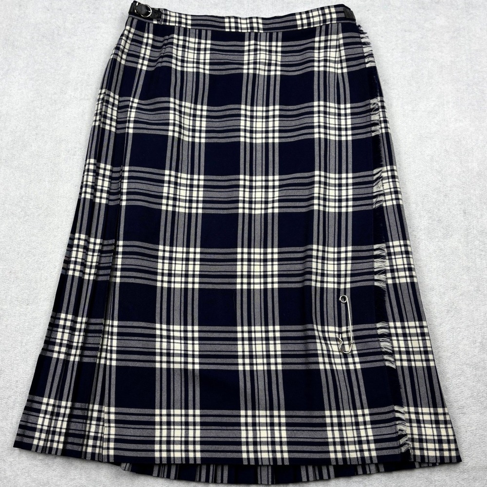 Gor Ray Vintage Pure Wool Tartan Kilt Skirt Womens 14 32W Navy Blue Pleated Midi